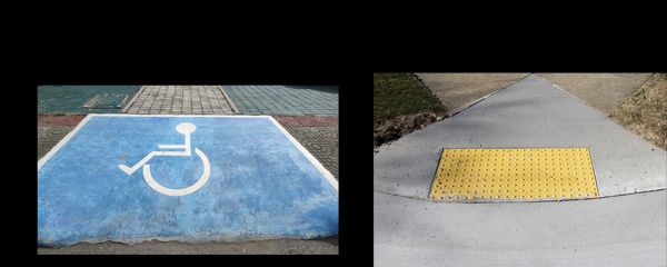 A deep ramp from the street to sidewalk level, wide and painted blue with a white wheelchair symbol; another ramp where pavemnts meet, this one with a yellow textured rectangle set into it.