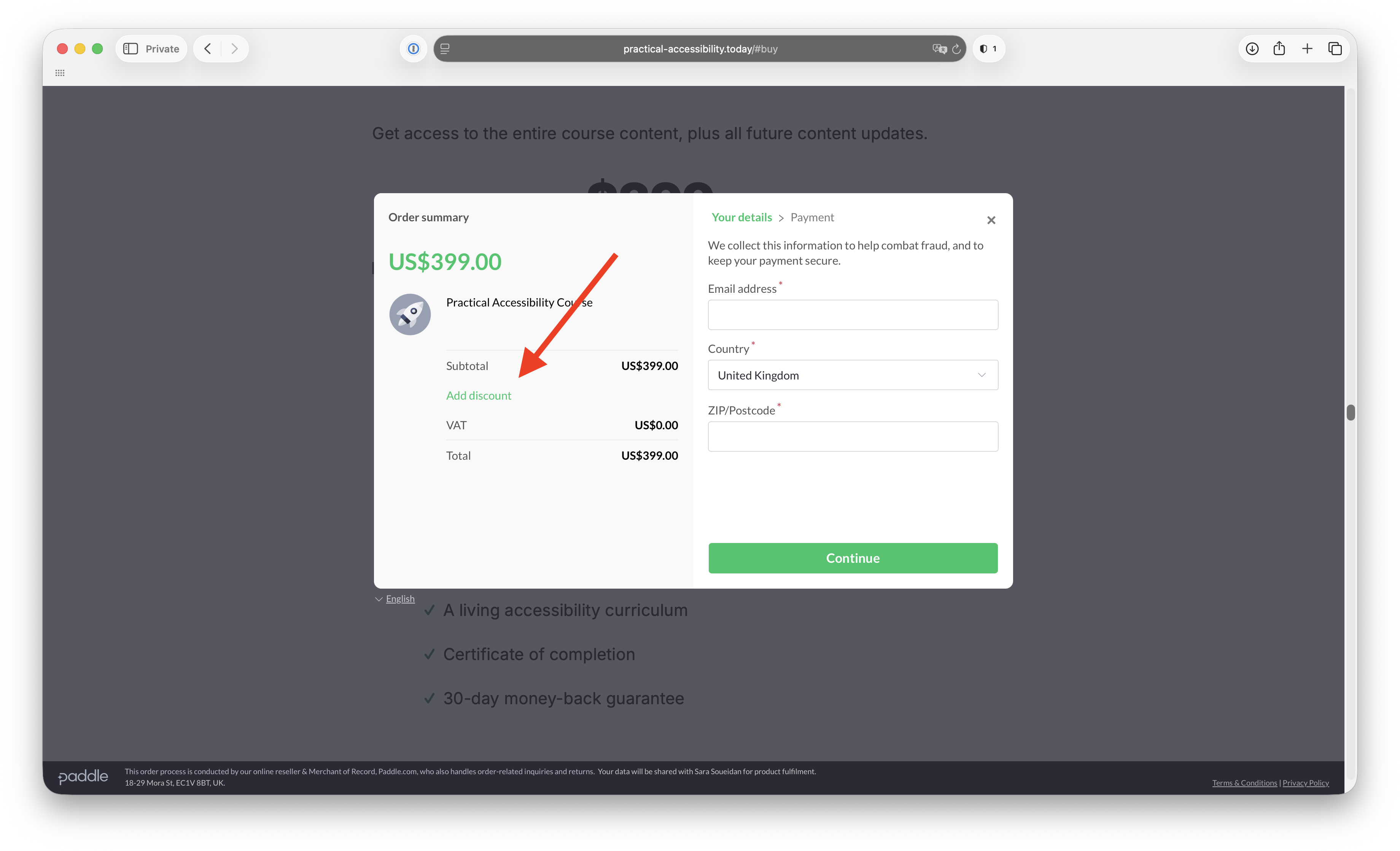 Screenshot of the Paddle checkout page on desktop showing the 'Add discount' text on the left side of the page.